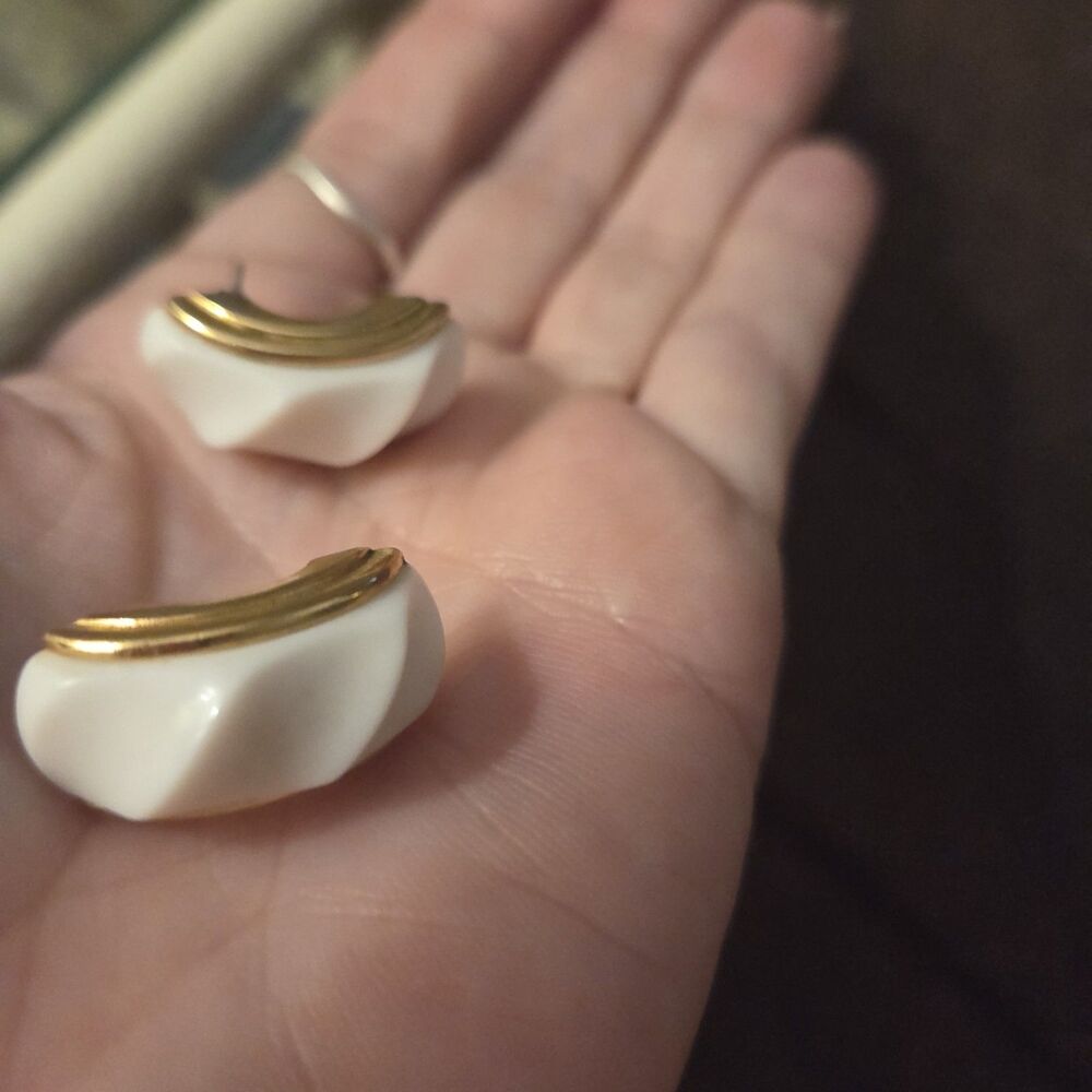 Vintage Monet White Lucite Gold Tone Hoop Earrings 80s Pierced Door Knocker